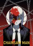  1girl absurdres black_background black_jacket black_necktie blood blood_in_hair blood_on_clothes blood_on_face blood_on_neck chain chainsaw_man circle closed_mouth collared_shirt commentary copyright_name galadysp gradient_background highres jacket long_hair looking_at_viewer makima_(chainsaw_man) necktie nose open_clothes open_jacket outline red_background red_outline ringed_eyes shirt sidelocks smile solo suit upper_body white_shirt yellow_eyes 