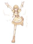  1girl :d ^_^ arms_up blonde_hair boots bow braid brown_boots closed_eyes dancing dress facing_viewer frilled_dress frills fujita_kotone full_body gakuen_idolmaster hair_bow highres idolmaster jiko_koutei_kan_baku_age_shuki_shuki_song_(idolmaster) leg_up low_twin_braids official_alternate_costume open_mouth pantyhose puffy_short_sleeves puffy_sleeves short_dress short_sleeves smile solo translation_request twin_braids v-shaped_eyebrows white_bow white_pantyhose yellow_dress yukitake_(bullfalk) 