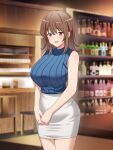  1girl :d absurdres bar_(place) blue_shirt blurry blurry_background breasts brown_eyes brown_hair commentary_request cowboy_shot hair_between_eyes highres indoors large_breasts medium_hair open_mouth original paid_reward_available pencil_skirt shirt skirt sleeveless sleeveless_shirt smile solo standing umemoto_(konna) white_skirt 