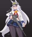  1girl absurdres animal_ears assault_rifle baseball_cap black_pantyhose blue_eyes blue_sailor_collar blue_skirt breasts brooch closed_mouth commentary ears_through_headwear english_commentary grey_hair grey_hat grey_tail gun hair_between_eyes hat highres holding holding_gun holding_weapon horse_ears horse_girl horse_tail jacket jewelry julian_belkan large_breasts long_hair long_sleeves midriff neckerchief oguri_cap_(starlight_beat)_(umamusume) oguri_cap_(umamusume) panty_straps pantyhose pleated_skirt red_neckerchief rifle sailor_collar shirt simple_background skirt smile solo star_brooch tail umamusume weapon white_jacket white_shirt 