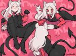  3girls :3 all_fours animal animal_ears arm_garter black_boots black_gloves black_necktie black_suit black_tail black_vest boots bowl cerberus_(helltaker) closed_eyes commentary crawling demon_girl demon_tail dog dog_ears dog_girl food food_on_face formal_clothes gloves helltaker highres licking_lips long_hair looking_at_viewer lying mixed-language_commentary multiple_girls necktie noah_(tettsui-sole) on_back paw_pose pet_bowl red_eyes red_shirt shirt suit tail thigh_boots thighhighs tongue tongue_out triplets twitter_username vest waistcoat white_hair 