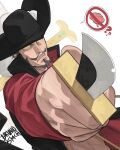 1boy ? ?? black_hair black_hat bruniosktch dagger dracule_mihawk facial_hair goatee hat highres holding holding_dagger holding_knife holding_weapon knife looking_at_viewer mustache one_piece red_shirt shirt signature simple_background solo speech_bubble upper_body weapon white_background yellow_eyes 