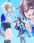  3girls animal_ears ascot asymmetrical_clothes asymmetrical_jacket bare_shoulders black_corset black_pantyhose black_shorts blue_background blue_cape blue_eyes blue_hair blue_jacket blush breasts brown_hair cape cheval_grand_(grand_itineraire)_(umamusume) cheval_grand_(umamusume) cleavage closed_mouth collarbone corset ear_covers ears_through_headwear from_side gloves hair_between_eyes hair_over_one_eye hat hat_belt highres horse_ears horse_girl horse_tail jacket long_hair looking_ahead looking_at_viewer medium_breasts mole mole_under_eye multicolored_hair multiple_girls open_mouth pantyhose peaked_cap philo_324 shirt shorts simple_background single_ear_cover single_glove skirt smile streaked_hair tail umamusume v v_sisters verxina_(le_beau_sommet)_(umamusume) verxina_(umamusume) vivlos_(umamusume) vivlos_(voyage_etincelant)_(umamusume) white_gloves white_hair white_hat white_jacket white_streaks yellow_ascot 