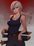  1girl absurdres belt black_tank_top breasts chainsaw_man cigarette cleavage eyepatch grey_hair highres inhoso long_hair looking_at_viewer medium_breasts ponytail quanxi_(chainsaw_man) red_background sheath shirt_tucked_in smoke solo tank_top 