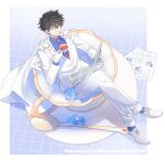  bangs black_hair blue_shirt blue_socks cang_cheng cape collared_shirt crossed_legs cup holding holding_cup jacket kaitou_kid meitantei_conan miniboy monocle necktie newspaper pants reading red_necktie shirt shoes short_hair sitting socks spoon teacup white_cape white_footwear white_jacket white_pants 