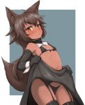  1girl animal_ear_fluff animal_ears bikini black_bikini black_gloves black_thighhighs brown_hair dark-skinned_female dark_skin elbow_gloves flat_chest frown gloves halterneck lifted_by_self negija orange_eyes original swimsuit tail thighhighs 