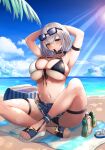  1girl arm_strap armpits arms_up bangs beach beach_towel bikini blush breasts closed_mouth eyewear_on_head green_eyes grey_hair hololive kangaruu_(momotk1109) large_breasts looking_at_viewer lotion mouth_hold navel ocean outdoors shirogane_noel short_hair sideboob sitting smile sunglasses sunscreen swimsuit thigh_strap toes towel two-tone_bikini underboob virtual_youtuber water 