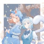  2girls black_bow black_bowtie black_hairband blue_hat blue_kimono bow bowtie breasts bug butterfly cherry_blossoms chinese_commentary closed_mouth collared_shirt commentary_request frilled_kimono frills green_vest grey_hair hairband hat hitodama japanese_clothes kimono konpaku_youmu konpaku_youmu_(ghost) large_breasts mob_cap multiple_girls pink_eyes pink_hair puffy_short_sleeves puffy_sleeves saigyouji_yuyuko shirt short_hair short_sleeves sleeve_garter smile touhou triangular_headpiece vest white_shirt xinbuqing 