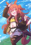  1girl animal_ears belt black_thighhighs blue_sky blush bomber_jacket bow breasts brown_ribbon crop_top dog_tags ear_bow ear_ribbon giorgio_(yo_sumire_sola1) grass green_belt green_jacket highres horse_ears horse_girl horse_tail jacket long_hair long_sleeves looking_at_viewer mayano_top_gun_(scramble_zone)_(umamusume) mayano_top_gun_(umamusume) midriff navel open_clothes open_jacket open_mouth orange_hair orange_tail outdoors ribbon shirt shoes shorts sky small_breasts smile solo standing standing_on_one_leg tail thighhighs two_side_up umamusume white_shorts yellow_shirt 