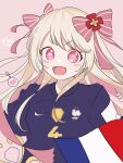  1girl 2022_fifa_world_cup absurdres alternate_costume artist_request bad_id bad_pixiv_id blonde_hair blue_shirt chaos_marie_(grimms_notes) flat_color french_flag grimms_notes hair_between_eyes hair_ribbon heart highres looking_at_viewer open_mouth pink_background pink_eyes ribbon shirt smile soccer_uniform solo sportswear striped_ribbon swept_bangs v-shaped_eyebrows world_cup 