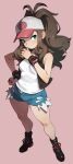  1girl absurdres baseball_cap black_boots black_vest blue_eyes blue_shorts blush boots breasts brown_hair bush closed_mouth cutoffs denim denim_shorts exposed_pocket flowerpigeon full_body hat high_ponytail highres hilda_(pokemon) holding holding_poke_ball long_hair looking_at_viewer medium_breasts open_clothes open_vest poke_ball poke_ball_(basic) poke_ball_print pokemon pokemon_bw ponytail shirt shorts sidelocks solo vest white_shirt wristband xtransceiver 