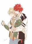  2boys amagi_hiiro bangs blonde_hair blue_eyes collared_shirt commentary_request drawstring earrings ensemble_stars! green_eyes hair_between_eyes holding holding_phone hood hood_down hooded_jacket hoop_earrings hug hug_from_behind jacket jewelry layered_clothes long_sleeves male_focus multiple_boys necklace open_clothes open_jacket open_mouth partial_commentary phone red_hair seuga shiratori_aira_(ensemble_stars!) shirt short_hair white_background yaoi 