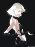  1girl black_background black_skirt blonde_hair closed_mouth clothing_cutout expressionless glowing grey_eyes highres looking_at_viewer original short_hair skirt solo weibo_7369735388 white_hair 