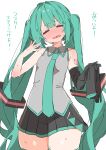  1girl =_= \||/ absurdres aqua_hair aqua_necktie aqua_trim bare_shoulders black_gloves black_skirt blush closed_eyes collared_shirt commentary cowboy_shot elbow_gloves facing_viewer full-face_blush gloves grey_shirt hair_ornament hatsune_miku heart heart_in_mouth highres holding holding_gloves holding_unworn_clothes long_hair miniskirt necktie number_tattoo open_mouth pleated_skirt red_tattoo shirt simple_background skirt sleeveless sleeveless_shirt solo standing straight-on sweat sweatdrop tattoo thighs twintails unworn_gloves uruti_2388 very_long_hair vocaloid white_background wrinkled_fabric 