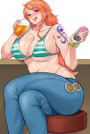  1girl ahoge alcohol arm_rest bangs bare_shoulders beer bikini bikini_top_only blush breasts brown_eyes cleavage condom condom_wrapper crossed_legs cup denim drinking drinking_glass drunk earrings hands_up head_tilt highres holding holding_cup jeans jewelry large_breasts legs long_hair looking_at_viewer money nami_(one_piece) navel nose_blush one_piece open_mouth orange_hair pants potatopanicking prostitution shoulder_tattoo sitting smile solo stool swimsuit table tattoo teeth thighs upper_teeth_only white_background 