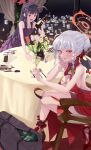  2girls absurdres alcohol backless_dress backless_outfit bag black_wings blue_archive blunt_bangs bottle braid braided_sidelock breasts butter_knife chair cleavage commentary_request cup curtains demon_horns demon_wings dress envelope evening_gown flower fork fuuka_(blue_archive) grey_hair hair_bun hair_down hair_flowing_over half_up_braid halo haruna_(blue_archive) head_rest high_heels highres holding holding_bottle holding_cup horns indoors jewelry knife la_la_la_rarmin large_breasts long_hair looking_at_viewer multiple_girls necklace on_chair open_mouth parted_lips purple_bag purple_hair purple_horns red_dress red_eyes red_shoes shoes single_hair_bun single_wing sitting spoon standing sweat table tablecloth tail v-shaped_eyebrows vase window wings 