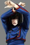  1girl black_eyes black_hair blue_jacket buttons copyright_request double-breasted grey_background hands_up highres hoshi_san_3 jacket lipstick looking_at_viewer makeup medium_hair mole mole_under_mouth parted_lips red_lips simple_background solo 