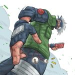  1boy bell black_gloves black_mask black_pants black_shirt book bruniosktch fingerless_gloves flak_jacket from_below gloves green_jacket grey_hair hatake_kakashi highres holding holding_book jacket jingle_bell konohagakure_shinobi_uniform male_focus mask mouth_mask naruto_(classic) naruto_(series) pants shirt short_hair sleeveless sleeveless_jacket solo white_background 