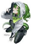  1girl arknights arknights:_endfield black_bodysuit bodysuit crocodile_girl crocodilian_tail fingerless_gloves fluorite_(arknights) fromabisu full_body gloves green_eyes green_hair gun hair_between_eyes handgun high_ponytail highres holding holding_gun holding_weapon hooded_shrug long_hair looking_at_viewer ponytail reptile_girl shrug_(clothing) sidelocks simple_background solo tail tongue tongue_out weapon white_background 