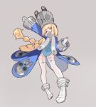  1girl absurdres arm_up blonde_hair blue_jacket closed_mouth commentary_request full_body garter_straps gloves grey_background grey_hat hat highres jacket large_hat long_hair norma_(zenless_zone_zero) open_mouth shinakou shoes simple_background solo stretching thighhighs white_garter_straps white_gloves white_shoes white_thighhighs zenless_zone_zero 