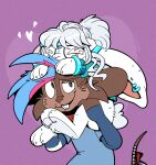 blue_eyes buckteeth clothing duo eye_scar eyelashes facial_scar floppy_ears hi_res lagomorph leporid looking_at_another male mammal markings mouse mouse_tail murid murine nonbinary_(lore) rabbit red_nose rodent scar shirt tail tail_wraps teeth topwear trevor-fox trevor-fox_(character) whisker_markings wraps