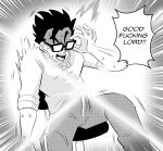  1boy adjusting_eyewear bulge chair commentary dragon_ball dragon_ball_super english_commentary english_text erection erection_under_clothes funsexydb glasses glowing greyscale highres male_focus monochrome office_chair opaque_glasses open_mouth shaded_face sitting solo son_gohan surprised 