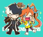  1boy 1girl ace_attorney arms_behind_back athena_cykes bird black_hair blue_background blue_eyes blue_necktie chibi closed_mouth crescent crescent_earrings cropped_jacket earrings feathers frown gloves hair_ribbon hawk highres jacket jewelry long_hair long_sleeves looking_at_another mouth_hold multicolored_hair necktie nono_(norabi) one_eye_closed open_mouth orange_hair phoenix_wright:_ace_attorney_-_dual_destinies ponytail ribbon simon_blackquill simple_background single_earring single_glove skirt smile sparkle taka_(ace_attorney) two-tone_hair v white_hair yellow_jacket yellow_skirt 