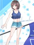  1girl :d \||/ alternate_costume aoi_erika aqua_eyes bare_shoulders black_hair blue_shirt blue_shorts blush breasts cleavage commentary_request crop_top denim denim_shorts english_text feet_out_of_frame flag floral_background frilled_shirt frills heaven_burns_red highres holding holding_flag large_breasts looking_at_viewer medium_hair midriff navel open_mouth rin_0101010 shirt shorts simple_background sleeveless sleeveless_shirt smile solo standing thighs white_background 