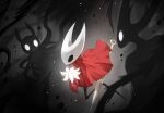  2_horns ambiguous_gender arthopod biped black_body black_eyes cloak clothed clothing empty_eyes female_(lore) flower group half_sister_(lore) hi_res hollow_knight:_silksong hollow_knight_(character) hollow_knight_(franchise) horn hornet_(hollow_knight) hsyenemy looking_at_another melee_weapon plant red_cloak red_clothing shadow_creature sibling_(lore) sister_(lore) spoiler team_cherry the_knight_(hollow_knight) trio weapon white_eyes white_flower 