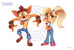  2021 activision anthro blonde_hair brother brother_and_sister clothing coco_bandicoot crash_bandicoot crash_bandicoot_(series) duo english_text female footwear fur gloves green_eyes hair handwear hi_res long_hair magaska19 male mammal marsupial open_mouth red_hair sibling signature simple_background sister teeth text tongue tongue_out 