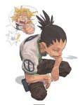  ! 1boy 1girl black_hair blonde_hair brown_pants bruniosktch highres nara_shikamaru naruto_(classic) naruto_(series) open_mouth pants pointing shirt short_sleeves simple_background squatting teeth temari_(naruto) white_background white_shirt 