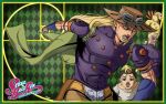  4boys absurdres anime_coloring araki_hirohiko_(style) argyle_background armband ball beard belt belt_buckle black_hair blonde_hair blue_bridal_gauntlets blue_eyes bridal_gauntlets brown_belt brown_hat brown_pants buckle cape character_name colored_shoe_soles english_commentary facial_hair feathers goggles goggles_on_headwear gold_teeth golden_spiral green_cape green_lips gregorio_zeppeli gyro_zeppeli hat high_collar highres holding holding_ball holster jojo_no_kimyou_na_bouken logo long_hair looking_at_viewer low_ponytail makeup male_focus marco_(sbr) multicolored_hair multiple_boys official_style open_mouth orange_sleeves pants ponytail purple_armband purple_background purple_shirt purple_sleeves shirt short_sleeves sideburns solo spurs steel_ball_(jojo) steel_ball_run therealartoside two-tone_hair two-tone_sleeves wekapipo yellow_shirt 