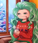  boa_sandersonia christmas_sweater christmas_tree cup green_eyes green_hair highres holding holding_cup indoors long_hair looking_outside mug one_piece snow sweater window youkan_(tako) 