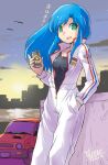  1girl artist_name bangs bird black_shirt blue_hair can car city_connection cityscape clarice_(city_connection) commentary dated green_eyes ground_vehicle hand_in_pocket highres holding holding_can horizon jumpsuit long_hair long_sleeves looking_at_viewer motor_vehicle open_mouth oyster_(artist) partially_unzipped racing_suit shirt signature smile soda_can solo standing sunrise tank_top translated white_jumpsuit wind 