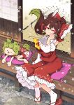  2girls :p ascot blush bow breasts brown_hair carte commentary_request curly_hair cushion detached_sleeves frilled_bow frilled_hair_tubes frilled_skirt frills green_hair hair_bow hair_tubes hakurei_reimu highres horns komainu_ears komainu_girl komano_aunn large_breasts long_hair multiple_girls one_eye_closed red_bow red_sandals red_shirt red_skirt ribbon-trimmed_sleeves ribbon_trim sandals shirt short_sleeves shorts single_horn sitting skirt skirt_set socks tatami tongue tongue_out touhou white_shorts white_socks yellow_ascot zabuton 