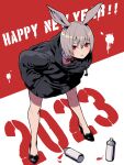  1girl 2023 animal_ears background_text bangs black_coat black_footwear brown_hair chinese_zodiac coat commentary drawstring english_text full_body happy_new_year high_heels highres hood hood_down hooded_coat leaning_forward long_sleeves looking_at_viewer new_year original parted_lips rabbit_ears rabbit_girl red_eyes solo spray_can standing ume_(yume_uta_da) year_of_the_rabbit 