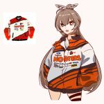  1girl :d absurdres brown_eyes brown_hair feather_hair_ornament feathers hair_ornament hands_in_pockets highres holeecrab holocouncil hololive hololive_english hooters long_hair nanashi_mumei nascar racing_suit simple_background smile solo thigh_strap virtual_youtuber white_background 