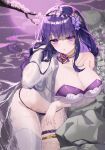  1girl bare_shoulders bikini breasts choker cleavage collarbone crop_top genshin_impact hair_ornament hand_up highres holding holding_hair large_breasts leaning_forward long_hair long_sleeves looking_at_viewer navel off_shoulder open_clothes open_shirt purple_bikini purple_choker purple_eyes purple_hair raiden_shogun see-through single_thighhigh solo strapless strapless_bikini string_bikini swimsuit thigh_strap thighhighs thighs ueng very_long_hair water wet white_thighhighs 