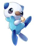  animal_focus artist_name black_eyes closed_mouth freckles full_body glint happy highres holding no_humans oshawott pokemon pokemon_(creature) seashell shell shia_(shi12_poke) signature simple_background smile solo split_mouth white_background 