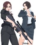  2girls ammunition_pouch artist_name bare_legs belt black_jacket blue_eyes brown_hair business_suit claire_redfield collarbone collared_shirt commentary cowboy_shot dress_shirt english_commentary formal_clothes freckles glasses grey_jacket grey_skirt grey_suit gun handgun holding holding_gun holding_weapon holster jacket jill_valentine long_hair looking_at_viewer multiple_girls office_lady pant_suit pants pencil_skirt pink_lips pink_shirt ponytail pouch resident_evil rifle rubber_duck scope shirt shirt_tucked_in short_hair shoulder_holster simple_background skirt skirt_suit sleeve_rolled_up sniper_rifle suit tsarwenn weapon white_background white_shirt 