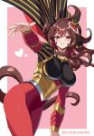  1girl alternate_costume animal_ears blush bodysuit breasts brown_hair cape commentary_request costume_request ear_covers ear_ornament gentildonna_(umamusume) gold_corset hair_between_eyes hair_ornament heart heart-shaped_ornament heart_ear_ornament highres horse_ears horse_girl horse_tail large_breasts long_hair long_sleeves looking_at_viewer parted_lips red_bodysuit red_eyes smile solo tail umamusume zukanosuke 