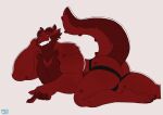  5_fingers anthro bedroom_eyes big_butt bluesh butt clothing dragon exposed_butt fingers grin hi_res horn lying male muscular mythological_creature mythological_scalie mythology narrowed_eyes nipples pecs red_body relaxing scales scalie seductive sharp_teeth shouty_(xshouty) simple_background smile solo tail teeth thick_arms thick_tail thick_thighs thong underwear white_background 