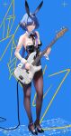  1girl animal_ears anklet backlighting ban!_(bansankan) bare_shoulders bass_guitar black_bow black_leotard black_pantyhose blue_background blue_hair bocchi_the_rock! bow breasts collarbone contrapposto fake_animal_ears fender_precision_bass from_above full_body high_heels highres instrument jewelry leotard looking_up medium_breasts medium_hair pantyhose rabbit_ears solo title wrist_cuffs yamada_ryou yellow_eyes 