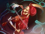  beret bone bow_(music) commentary david_(megami_tensei) demon_(megami_tensei) from_side ghost gloves hands_up hat hat_feather highres holding holding_bow_(music) holding_instrument holding_violin instrument jaw leylinefount looking_ahead music open_mouth playing_instrument poltergeist_(megami_tensei) puffy_short_sleeves puffy_sleeves red_hat red_shirt shin_megami_tensei shirt short_sleeves skeleton spine teeth undead upper_body violin white_gloves 