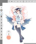  1girl :p art_program_in_frame bird_wings black_bow black_bowtie black_hair black_socks black_wings blue_shoes blue_skirt bow bowtie breasts chinese_commentary closed_mouth collared_shirt commentary_request feathered_wings hair_between_eyes hat highres holding holding_letter kneehighs letter looking_at_viewer medium_breasts medium_hair pom_pom_(clothes) puffy_short_sleeves puffy_sleeves red_eyes red_hat shameimaru_aya shirt shoes short_sleeves skirt smile socks solo tokin_hat tongue tongue_out touhou white_shirt wings xinbuqing 
