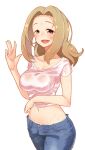  1girl blonde_hair blush breasts check_commentary cleavage collarbone commentary commentary_request covered_nipples crop_top denim highres idolmaster idolmaster_cinderella_girls jeans kurushima_gire large_breasts looking_at_viewer manabe_itsuki midriff navel open_fly open_mouth pants pink_eyes short_sleeves smile sweat sweaty_clothes transparent_background waving 