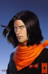  1boy android_17 artist_logo bandana bandana_around_neck black_eyes black_hair black_shirt blue_eyes closed_mouth commentary cyborg dragon_ball dragon_ball_z english_commentary highres logo looking_at_viewer male_focus orange_bandana realistic red_ribbon_army schneekatze09 shirt short_hair signature simple_background solo 