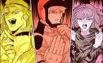  1girl 2boys bob_cut char_aznable domain_expansion gundam haman_karn helmet high_collar jujutsu_kaisen limited_palette medium_hair meme military_rank_insignia military_uniform mobile_suit motion_lines mudra multiple_boys open_mouth paptimus_scirocco parody quattro_bajeena scene_reference science_fiction short_hair speed_lines triple_domain_expansion_(meme) upper_body zeta_gundam 