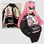  1girl absurdres black_shorts checkered_flag chevrolet darling_in_the_franxx flag general_motors goodyear green_eyes hershey&#039;s highres holeecrab horns long_hair looking_over_eyewear oni_horns oreo pink_hair racing racing_suit red_horns shorts silver_hairband simple_background solo sponsor straight_hair sunglasses white_background zero_two_(darling_in_the_franxx) 