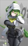  1girl absurdres arknights arknights:_endfield black_bodysuit bodysuit breasts fluorite_(arknights) green_eyes green_hair green_tail grey_background grey_hood hair_through_hood highres hini_ni hood hood_up hooded_shrug impossible_bodysuit impossible_clothes lizard_tail looking_at_viewer medium_breasts parted_lips ponytail shrug_(clothing) smile solo tail thigh_gap 